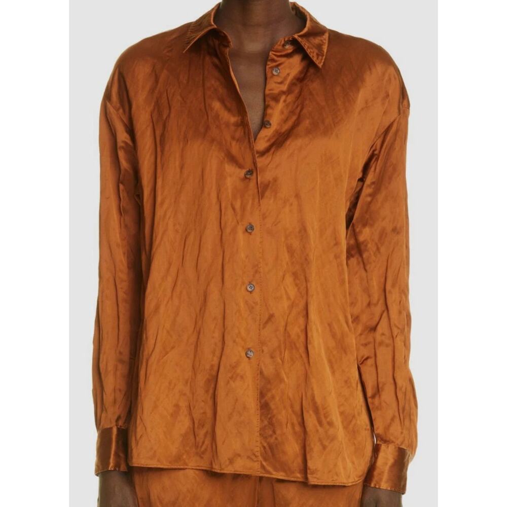 Lafayette 148 Naomi Satin Shirt & Dalton Wide Leg Pants Brown Top XXL/Bottom 18 - Picture 2 of 11